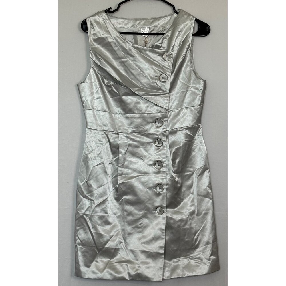 Silver Sleeveless‎ Satin Dress By Luce With Button Detail - Size M
